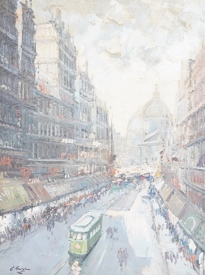 Impressionist School, Busy London street scene, indistinctly signed lower left, oil on canvas, 39 x 38cm